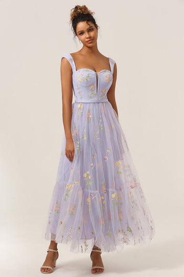Princess A Line Sweetheart Light Purple Long Ball Dress with Embroidery
